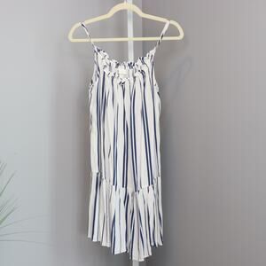H&M Striped Sundress Size 8 White Blue Ruffle Neck Sleeveless Viscose Midi